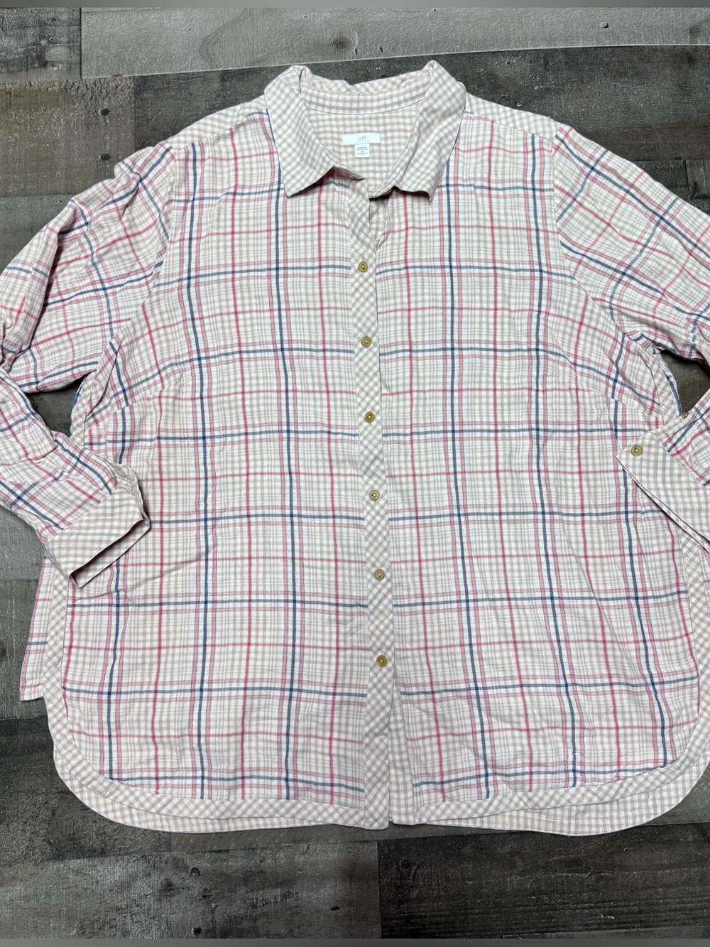 J.Jill 100% Cotton Plaid Button Down Shirt Pink Beige Plus Size 2X